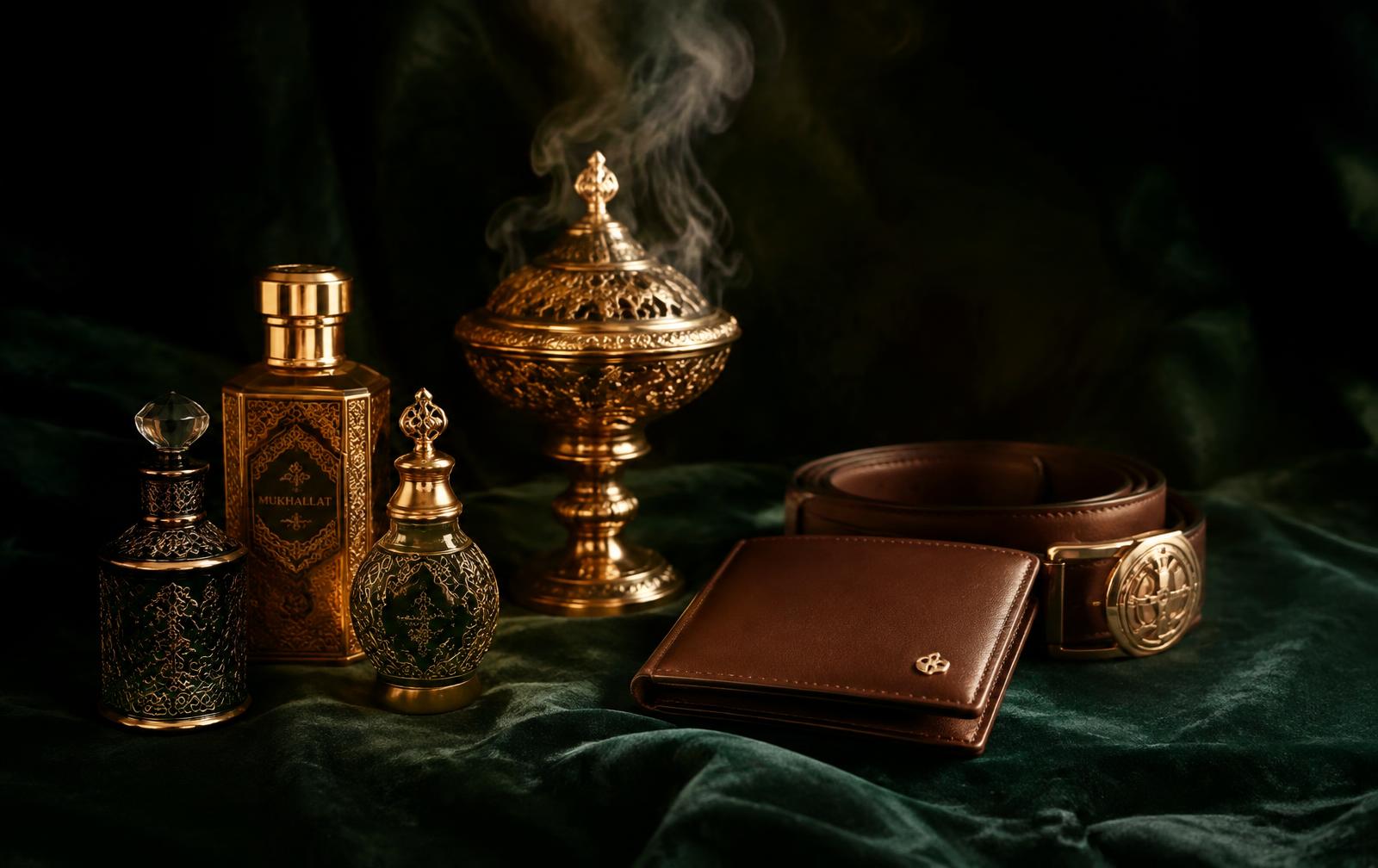 Attar bottles, gold bukhoor burner, leather wallet and belt
